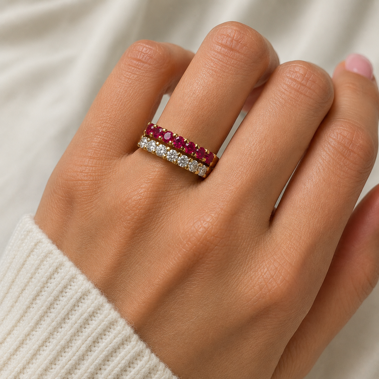 Double Row Diamond and Genuine Garnet Wedding Band