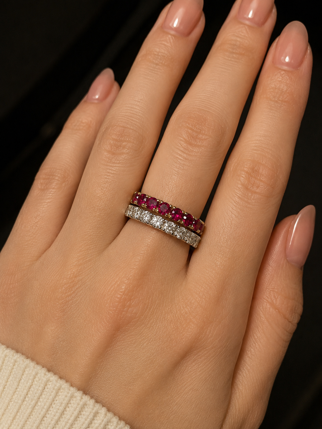 Double Row Diamond and Genuine Garnet Wedding Band