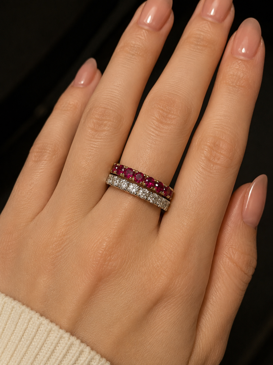 Double Row Diamond and Genuine Garnet Wedding Band