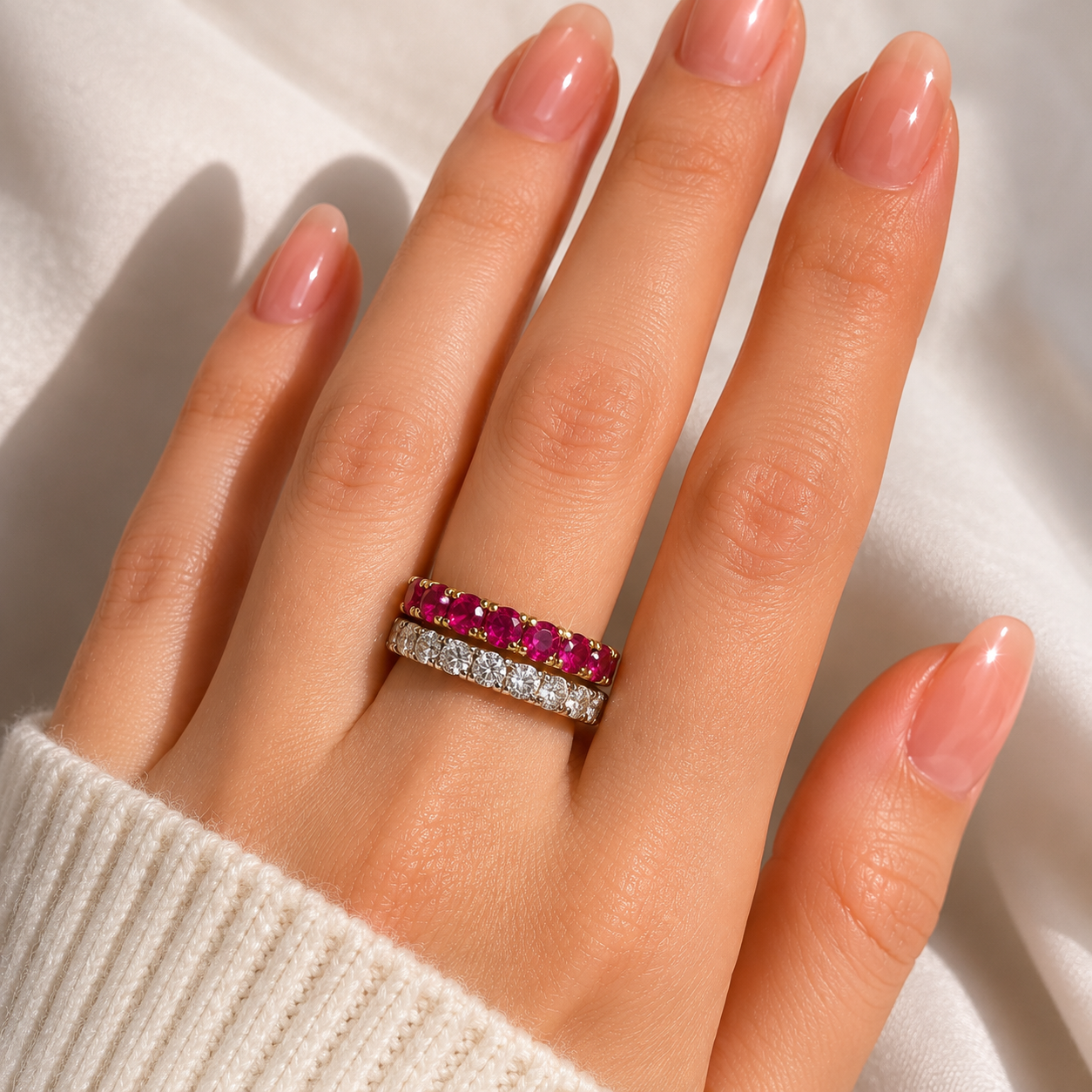 Double Row Diamond and Genuine Garnet Wedding Band