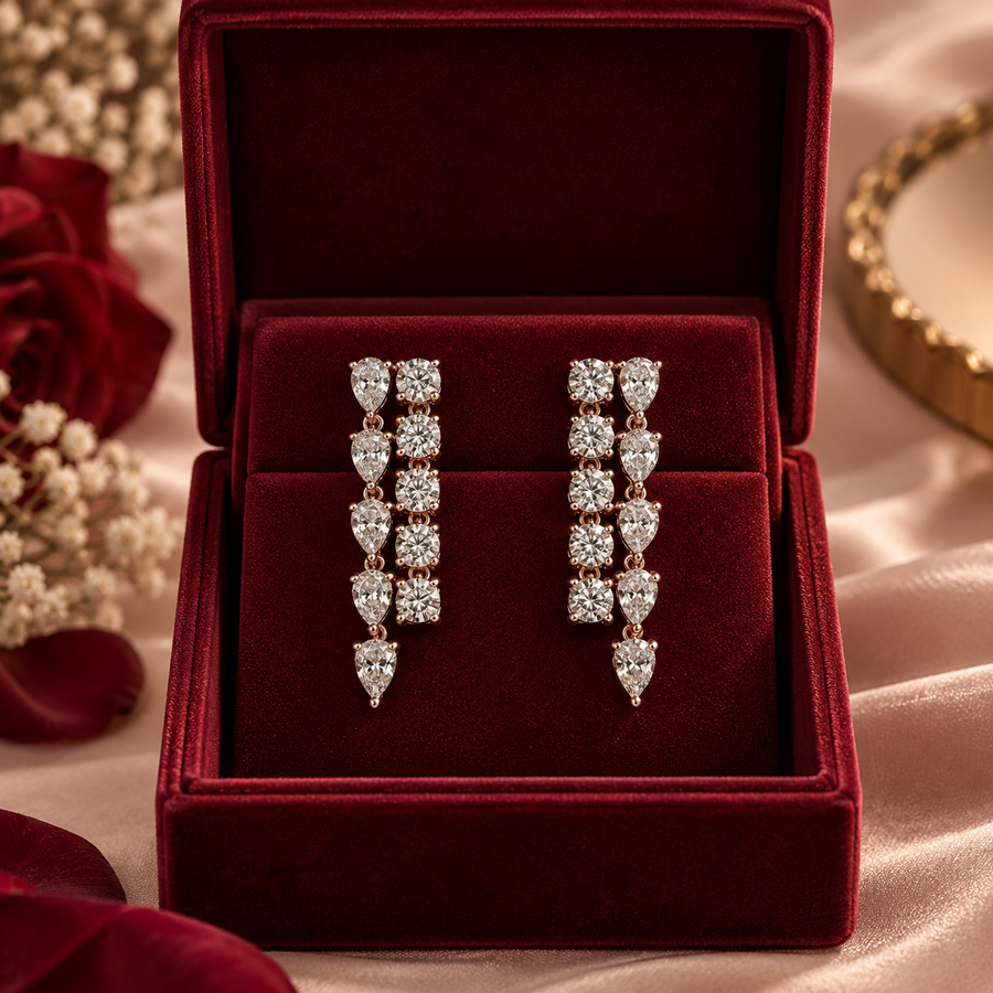 Double Row Pear Shape and Round Diamond Dangle Earring
