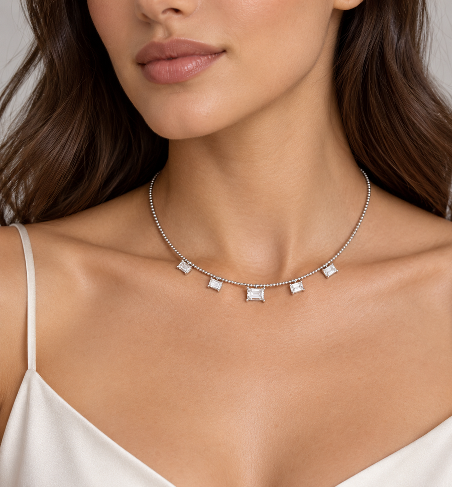 East-West Emerald Cut Diamond Station Necklace