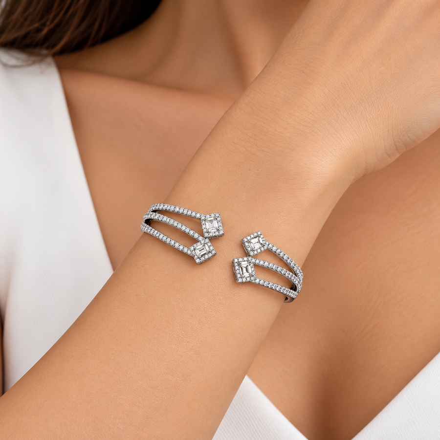 Emerald-Cut Diamond Halo Cuff Bangle