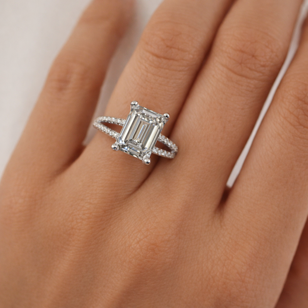 3.5ct Emerald Cut Split Shank Micro Pavé Diamond Engagement Ring