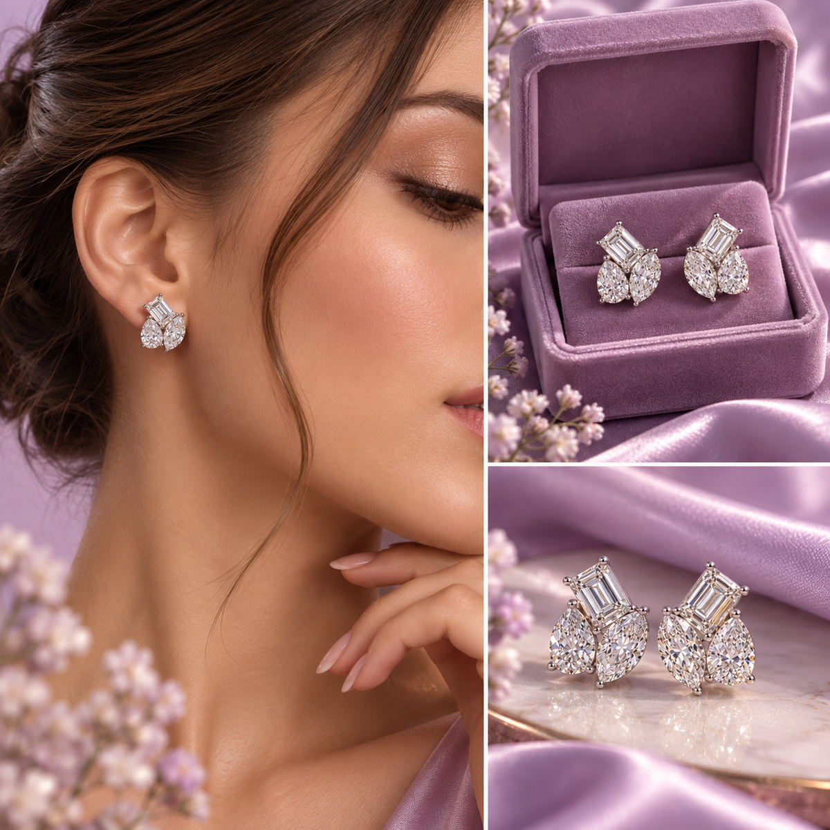 Emerald, Pear and Marquise Diamond Stud Earring