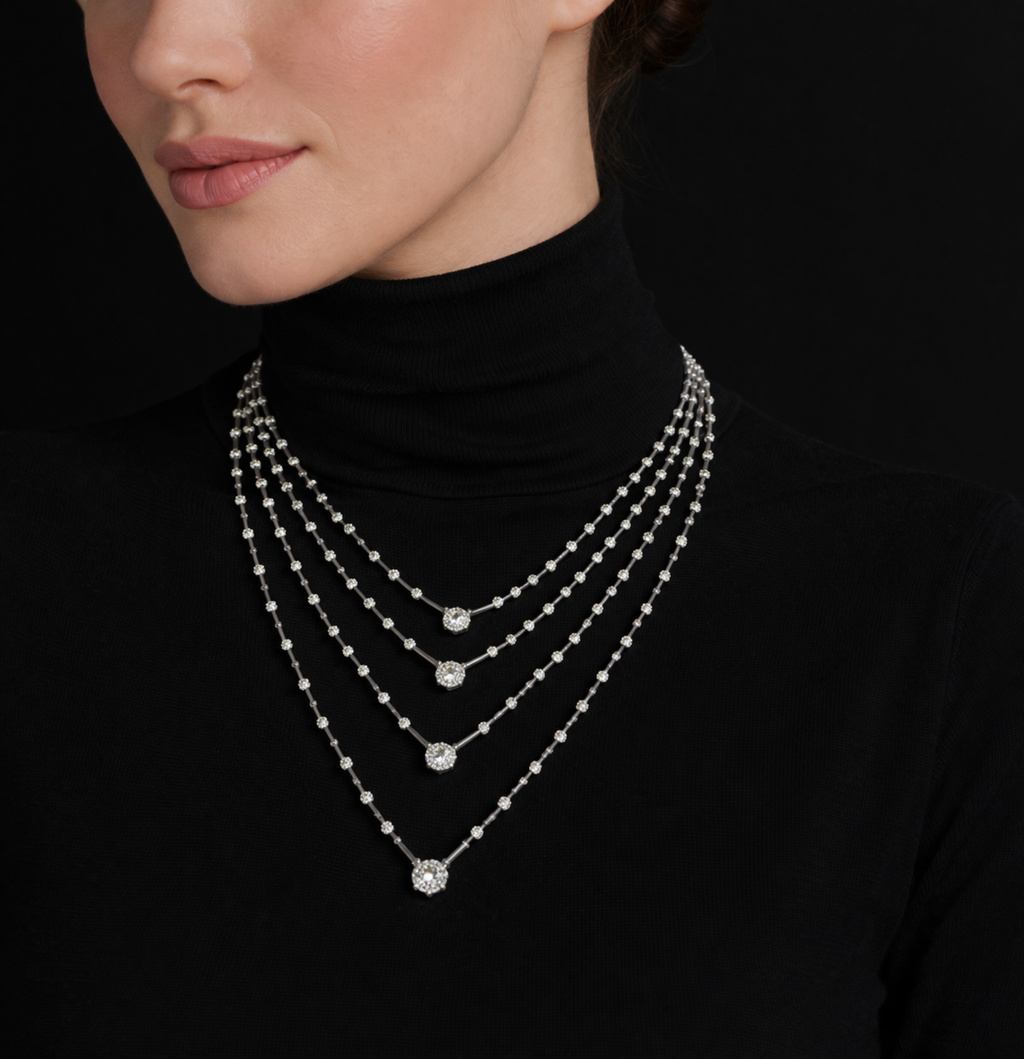 Four Row Link Necklace with 1ct Each Center Diamond Necklace