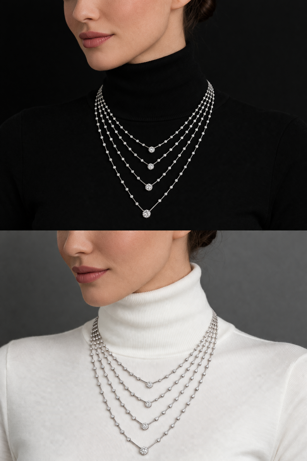 Four Row Link Necklace with 1ct Each Center Diamond Necklace