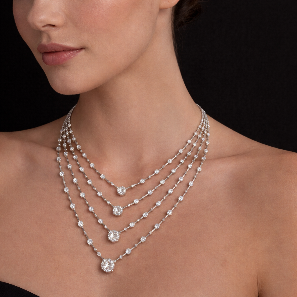 Four Row Link Necklace with 1ct Each Center Diamond Necklace