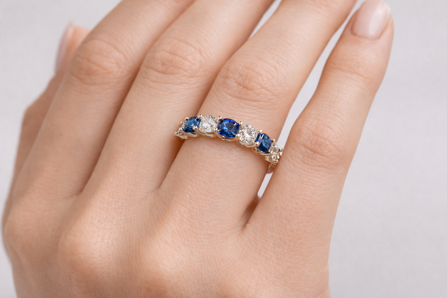 Cushion Cut Diamond and Blue Sapphire Band