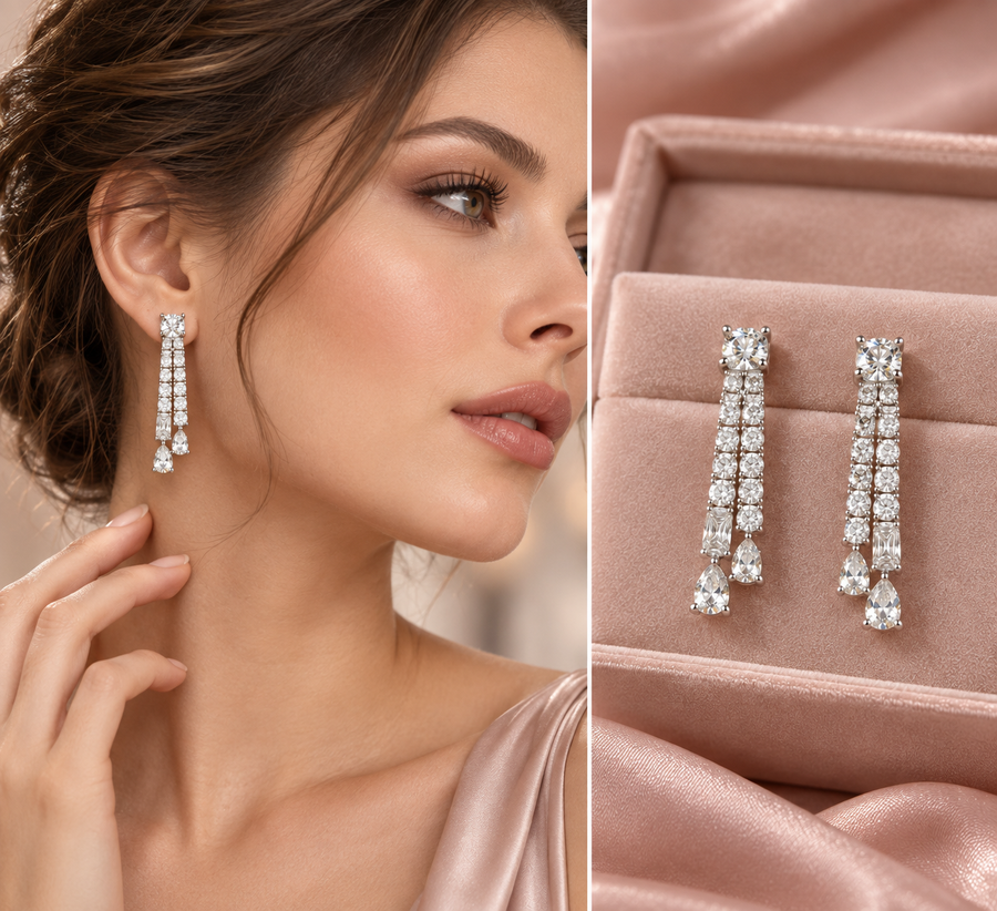 Graduated Double Row Diamond Dangle Earrings
