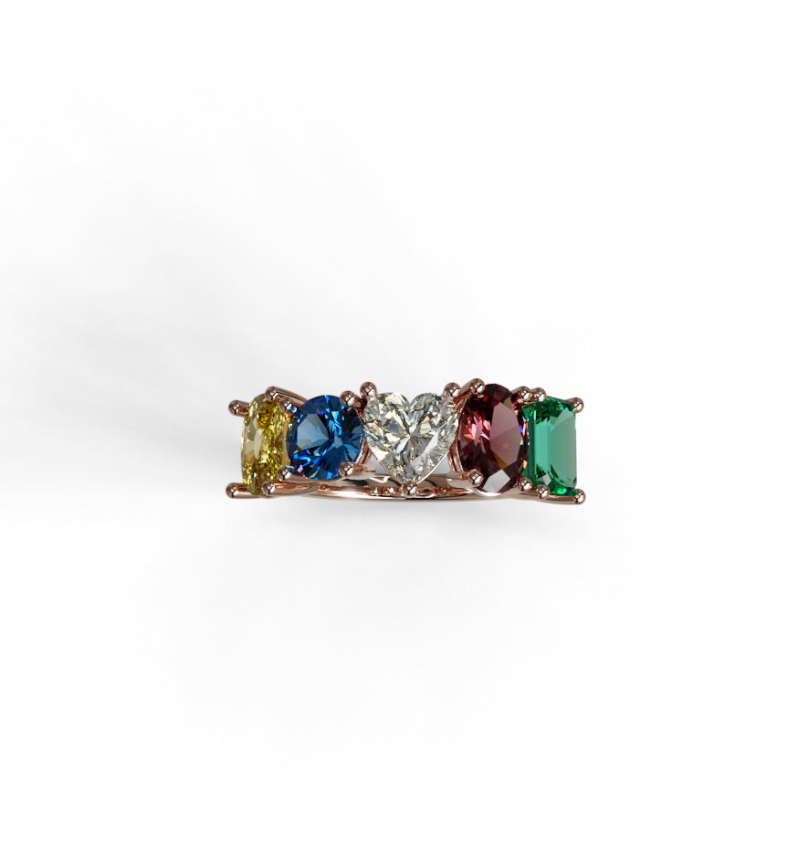 Heart Cut Diamond and Gemstone Cluster Ring