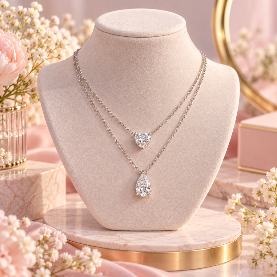 Heart & Pear Diamond Double Layered Necklace