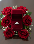Hidden Halo Diamond Engagement Ring in a Open red velvet box surrounded by red roses