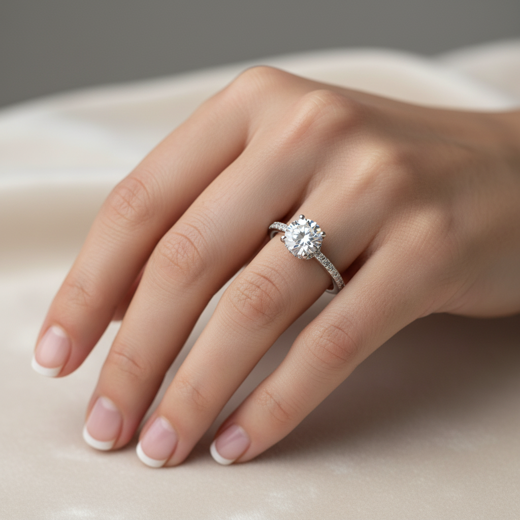 Hidden Halo Diamond Engagement Ring on Hand wearing on a neutral background