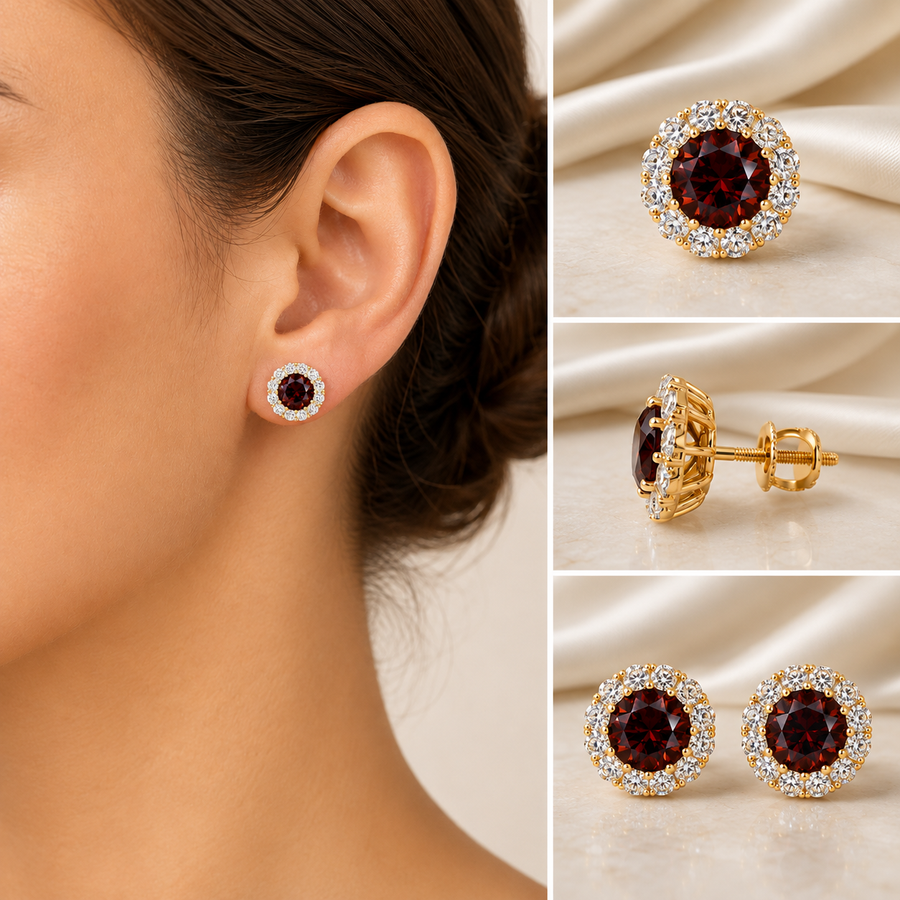 Martini Halo Genuine Garnet Diamond Stud Earrings