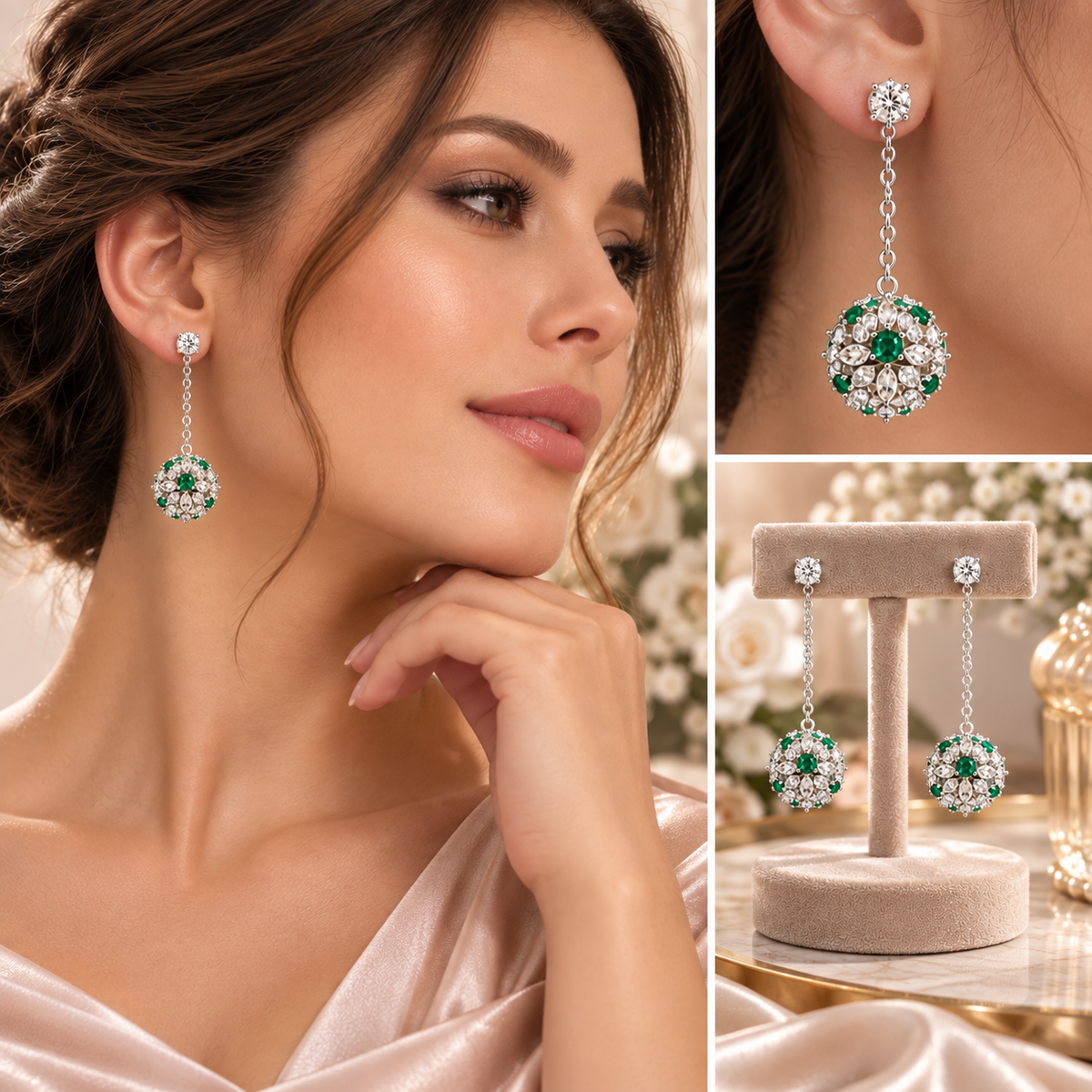 New Year Emerald & Diamond Floral Drop Dangle Earrings
