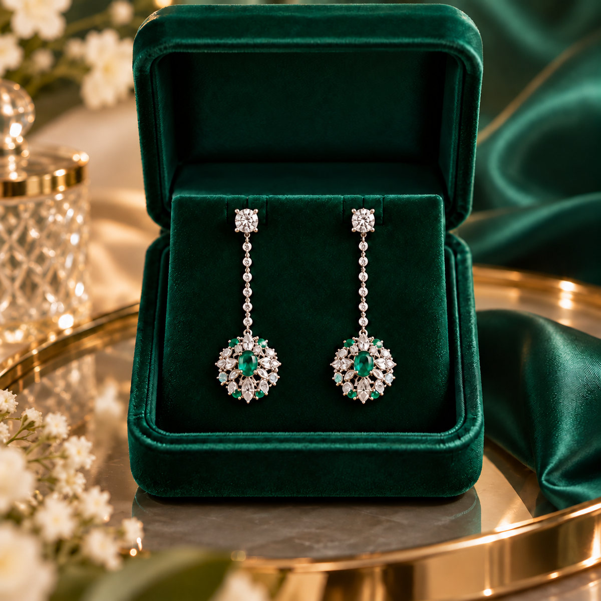 New Year Emerald & Diamond Floral Drop Dangle Earrings