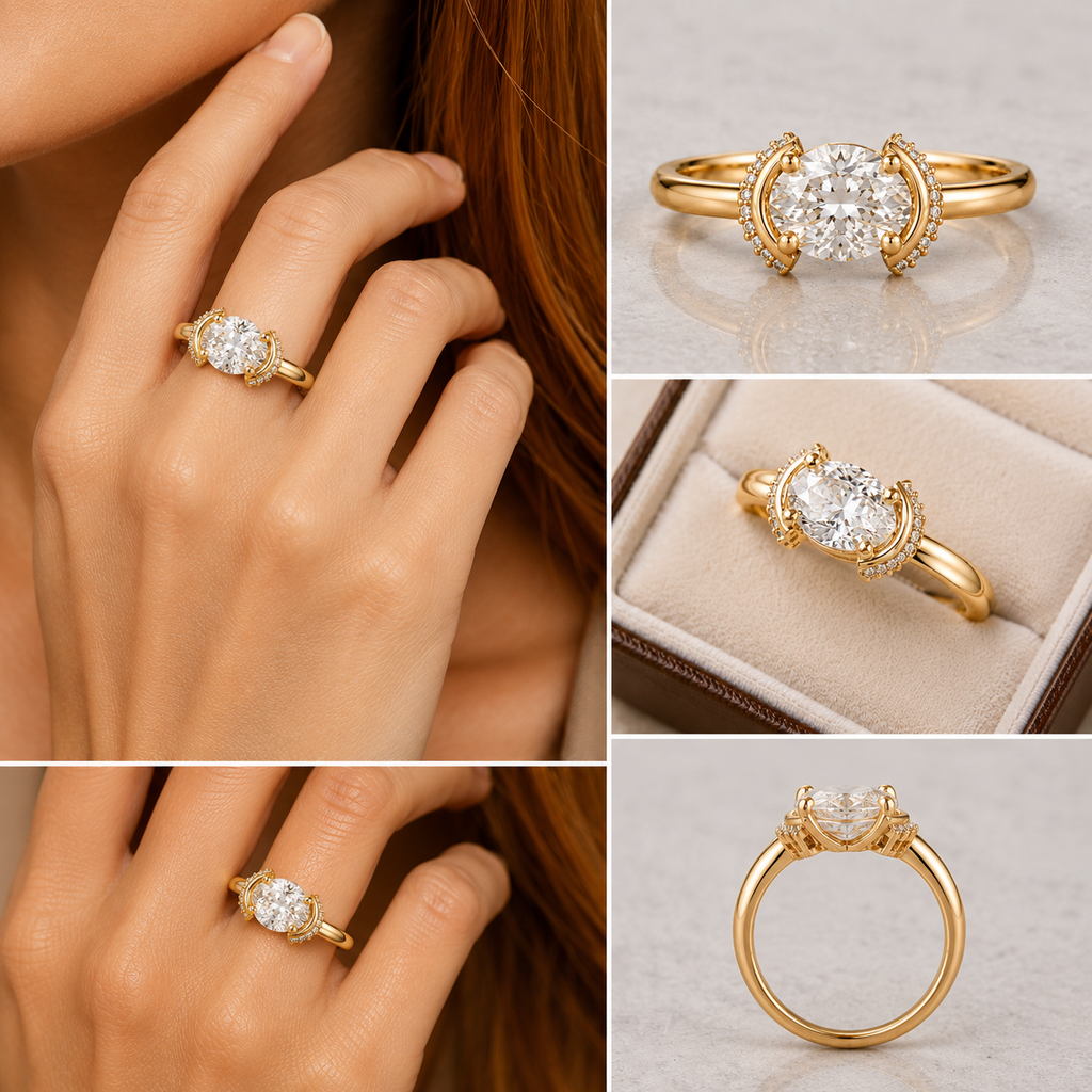Oval Cut Hidden Halo Engagement Ring with Round Side Stones
