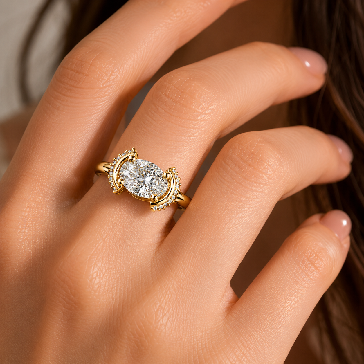 Oval Cut Hidden Halo Engagement Ring with Round Side Stones
