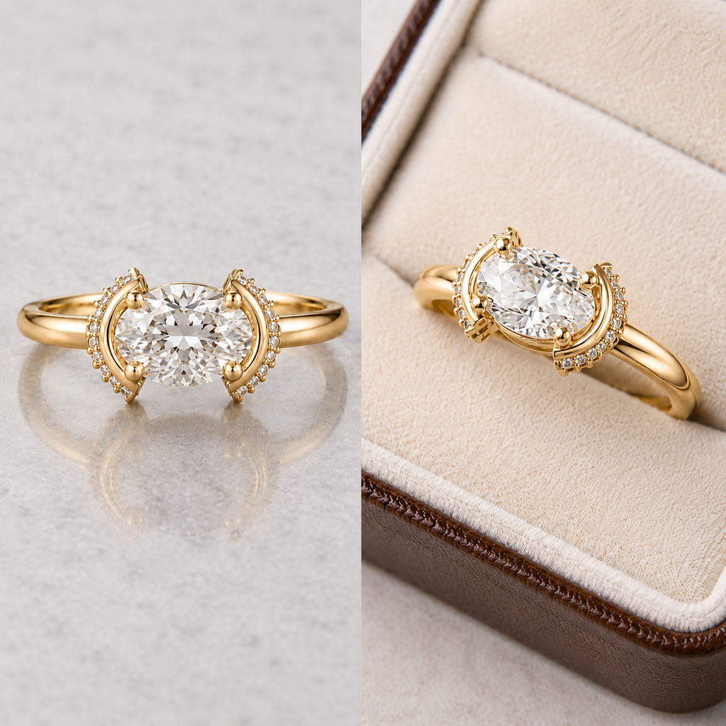 Oval Cut Hidden Halo Engagement Ring with Round Side Stones