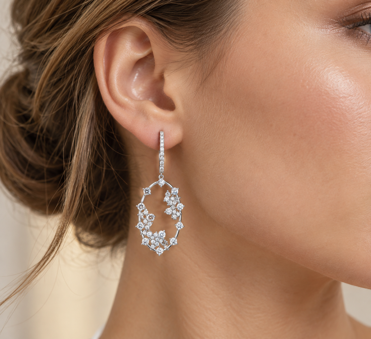 Oval Frame Floral Diamond Drop Earring