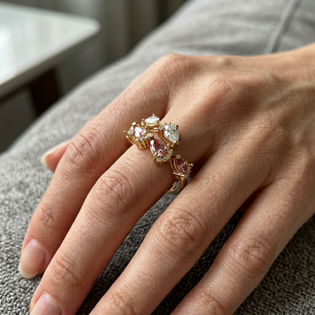 Pear and Round Curved Diamond Ring