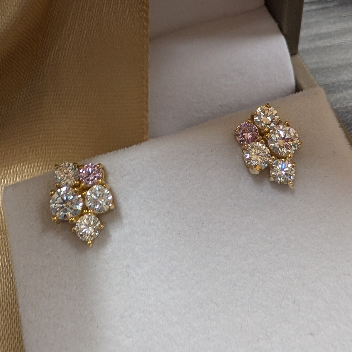 Pink and White Diamond Cluster Stud Earring
