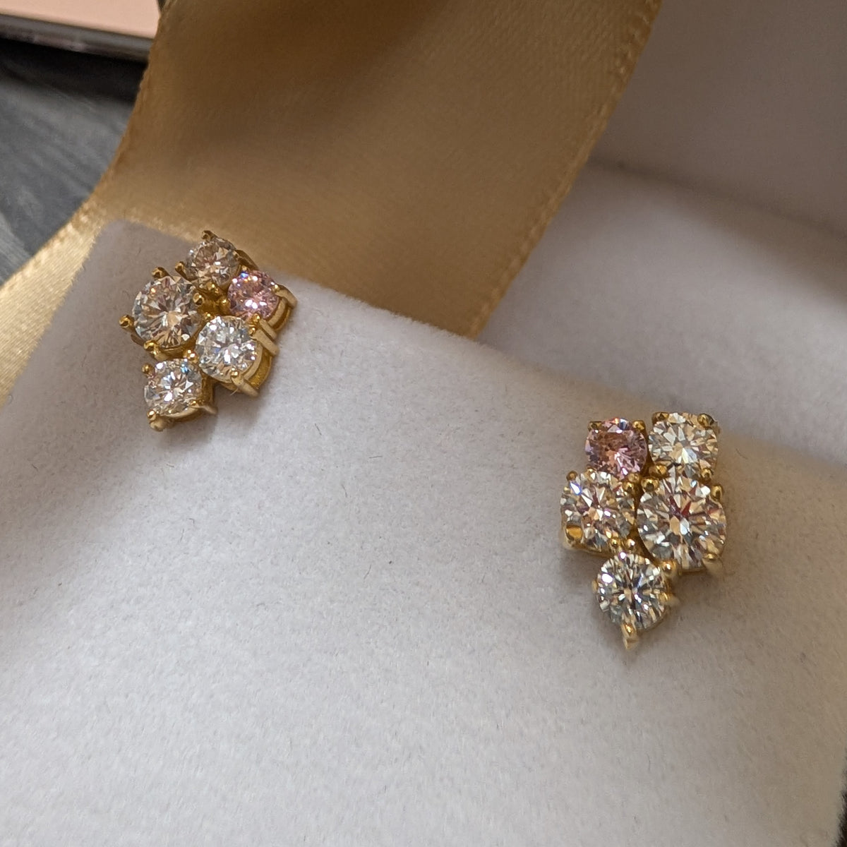 Pink and White Diamond Cluster Stud Earring