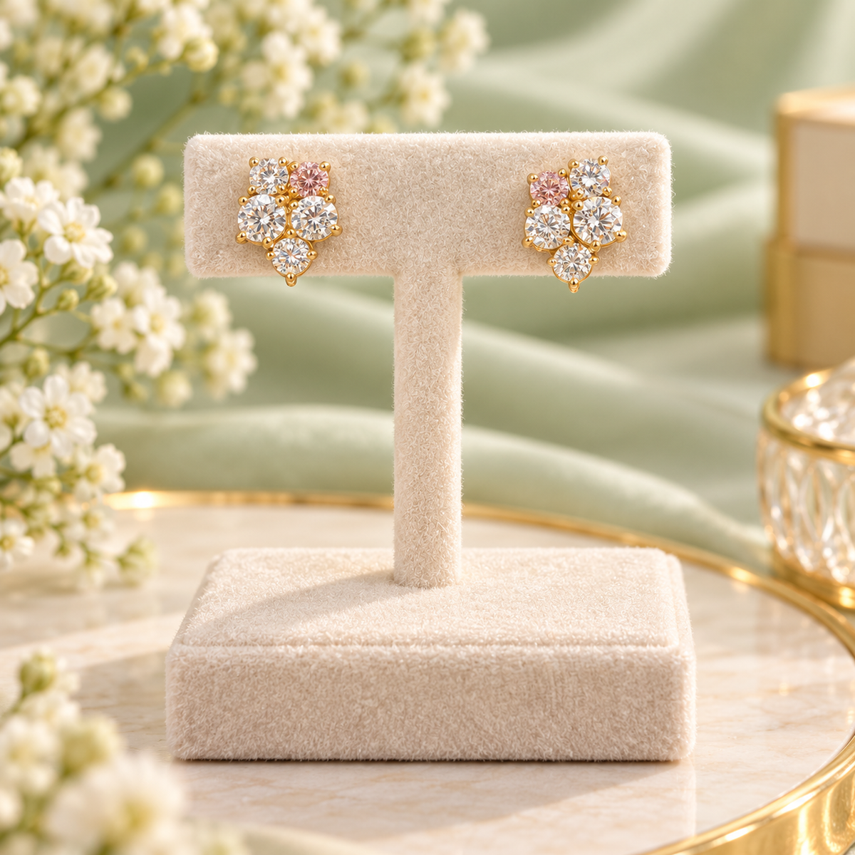 Pink and White Diamond Cluster Stud Earring