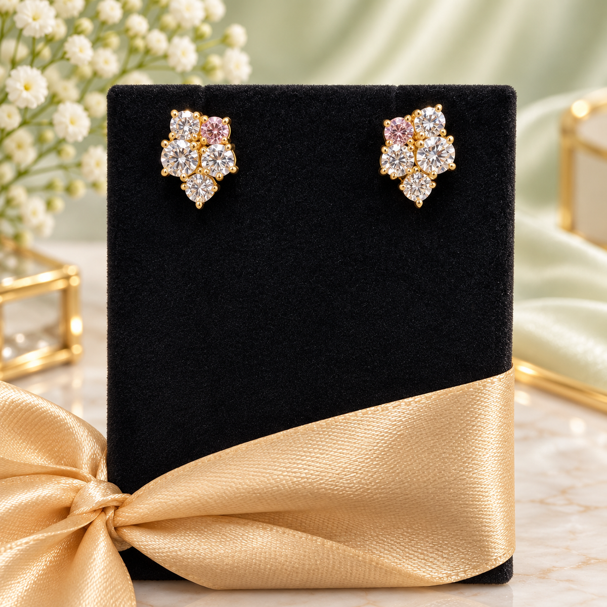 Pink and White Diamond Cluster Stud Earring