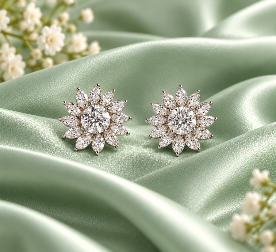Sunflower Floral Diamond Stud Earrings