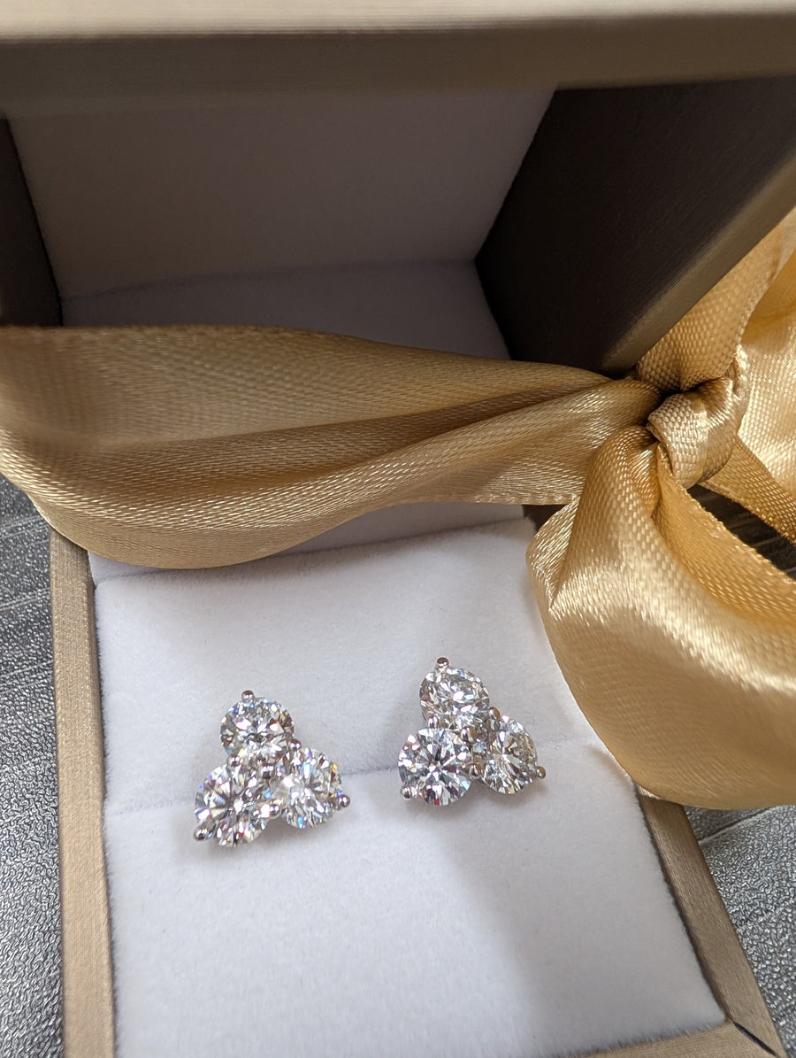 Three 1ct Round Diamond Cluster Stud Earring