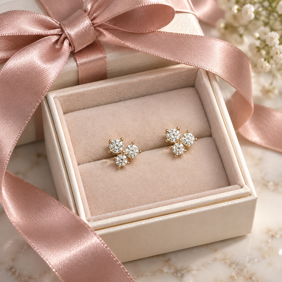 Three Stone Round Diamond Cluster Stud Earrings