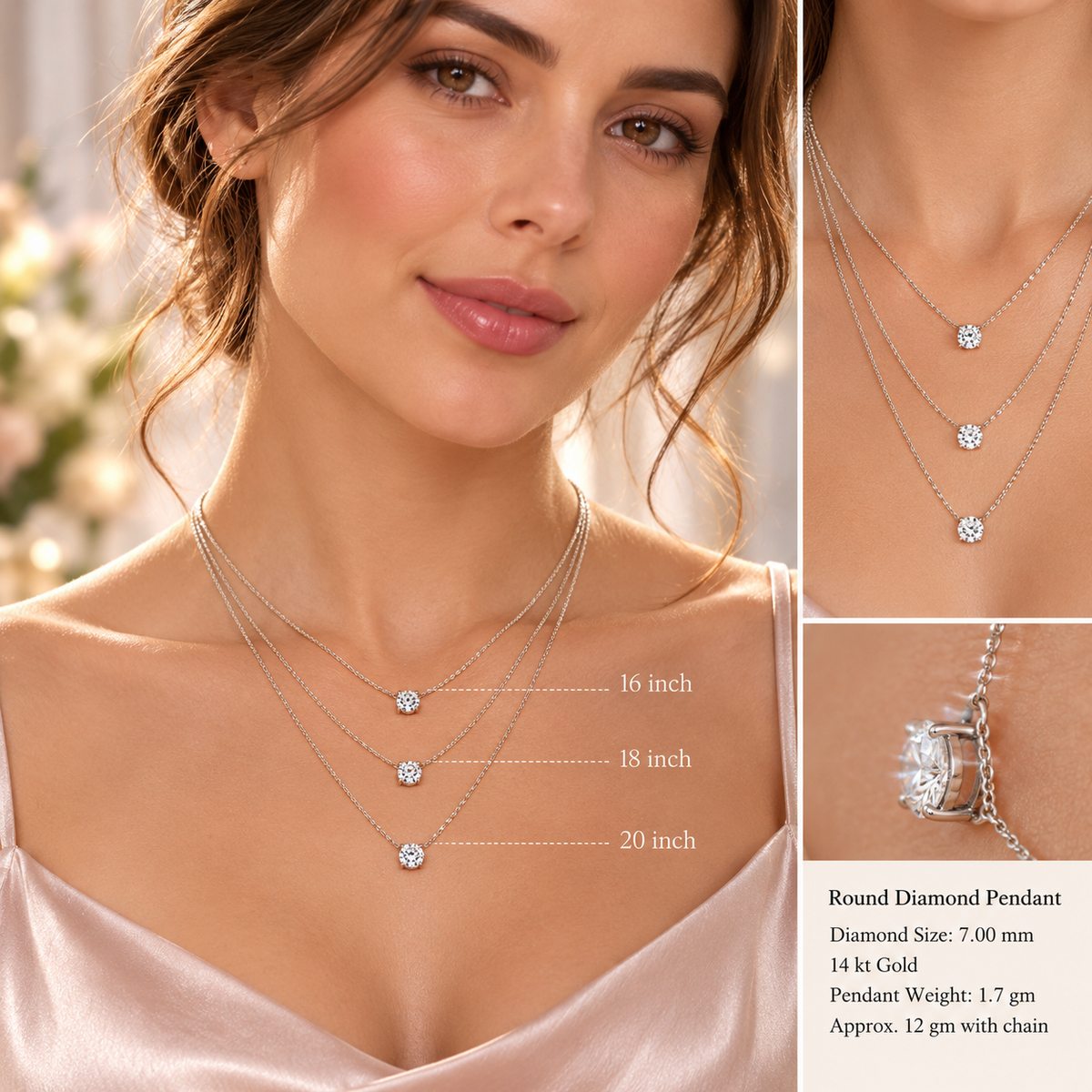 Triple Solitaire Diamond Layered Necklace