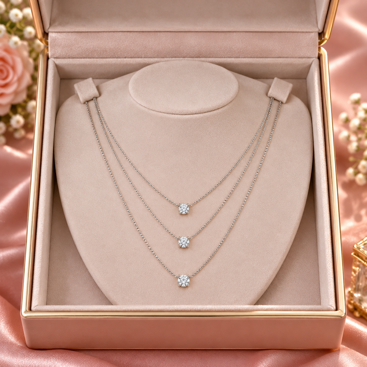 Triple Solitaire Diamond Layered Necklace