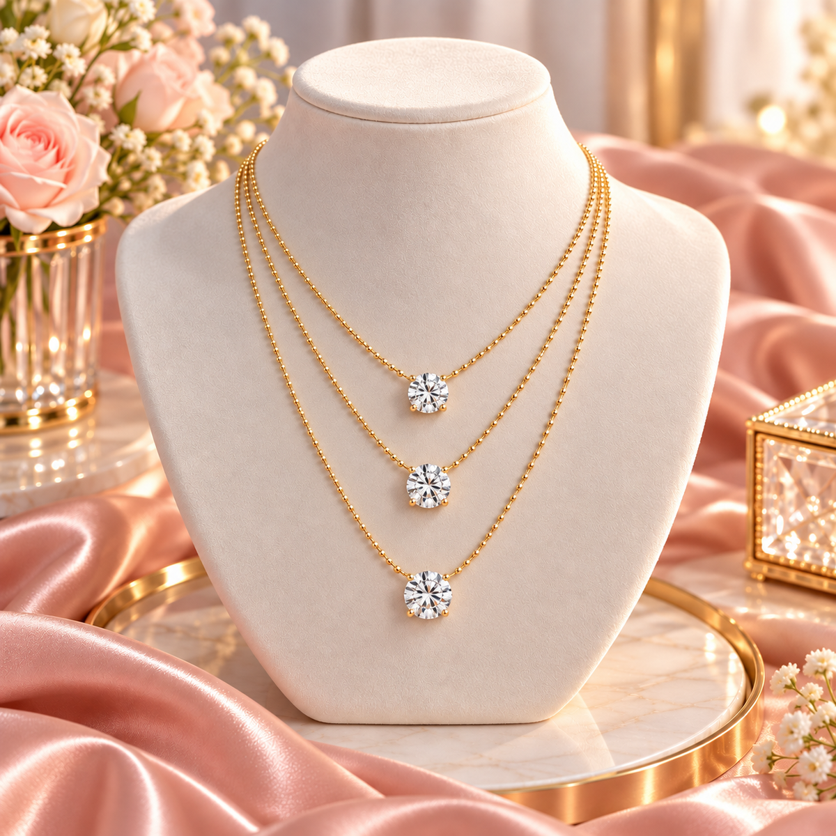 Triple Solitaire Diamond Layered Necklace