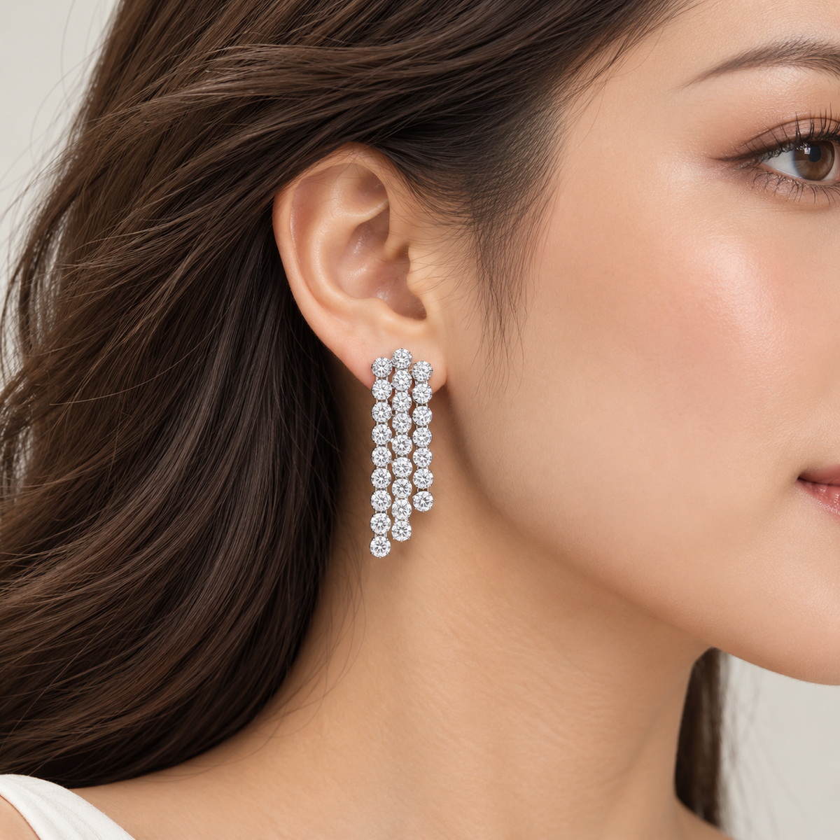 Three-Row Diamond Cascade Drop Earrings