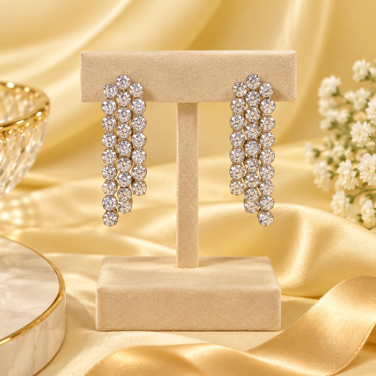 Three-Row Diamond Cascade Drop Earrings