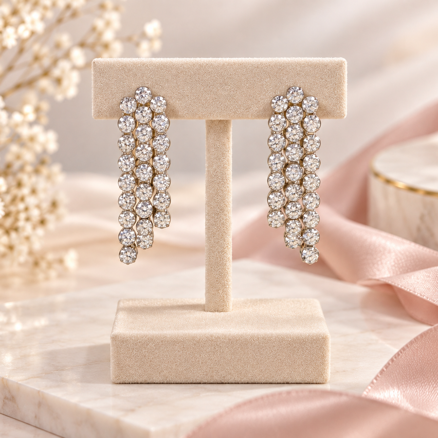 Three-Row Diamond Cascade Drop Earrings