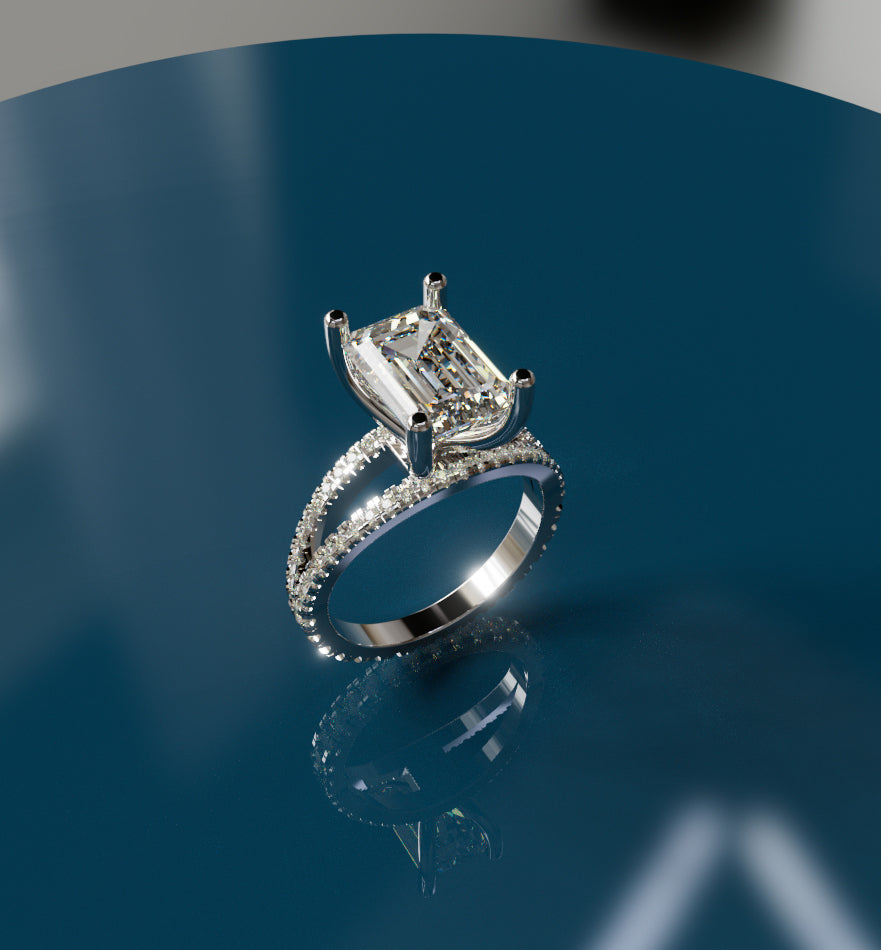 3.5ct Emerald Cut Split Shank Micro Pavé All The Way Diamond Engagement Ring