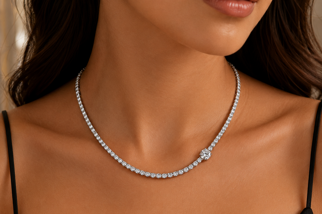 Close-up of a woman wearing a diamond necklace with a blurred background