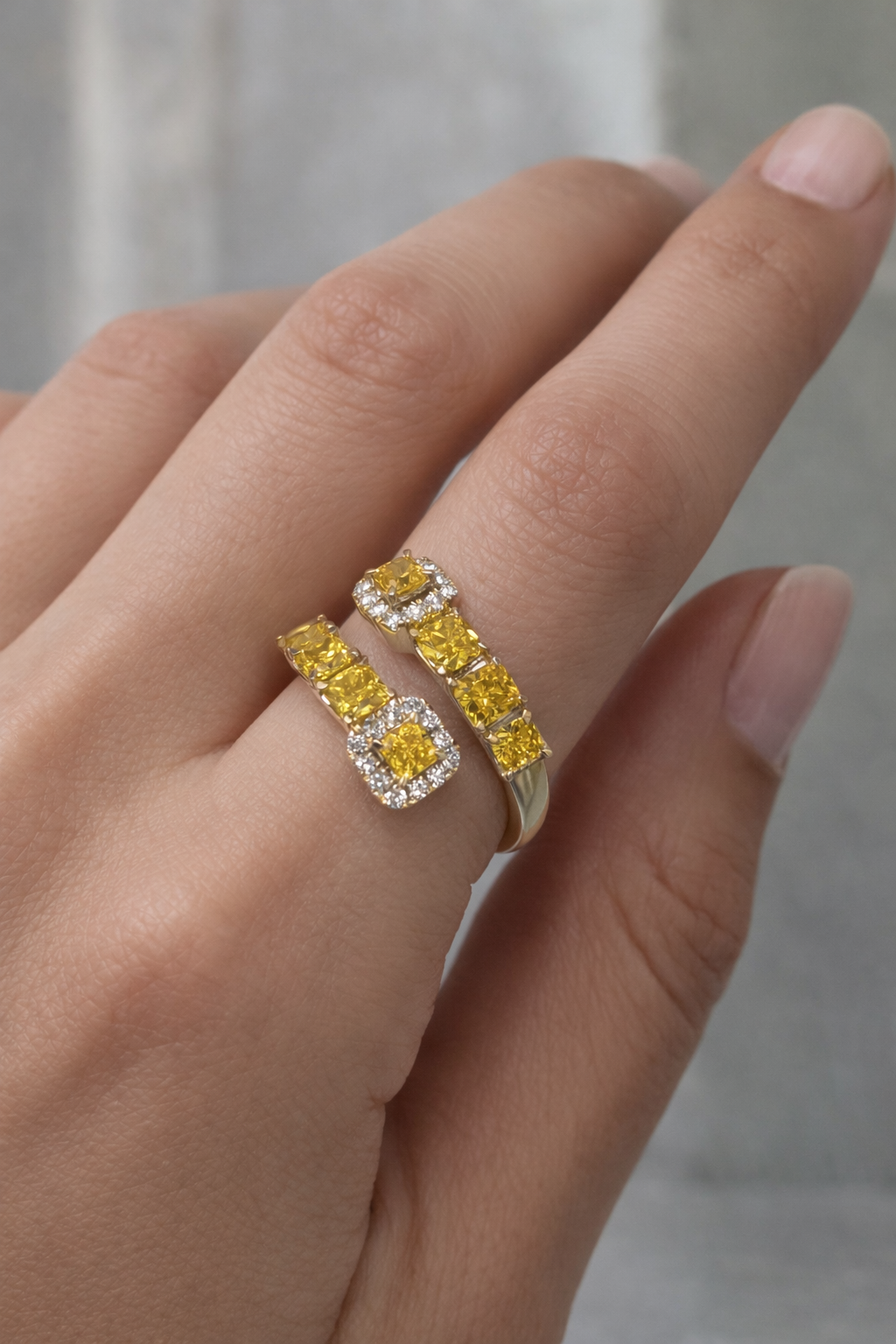 Yellow Cushion Cut Diamond Halo Split Ring