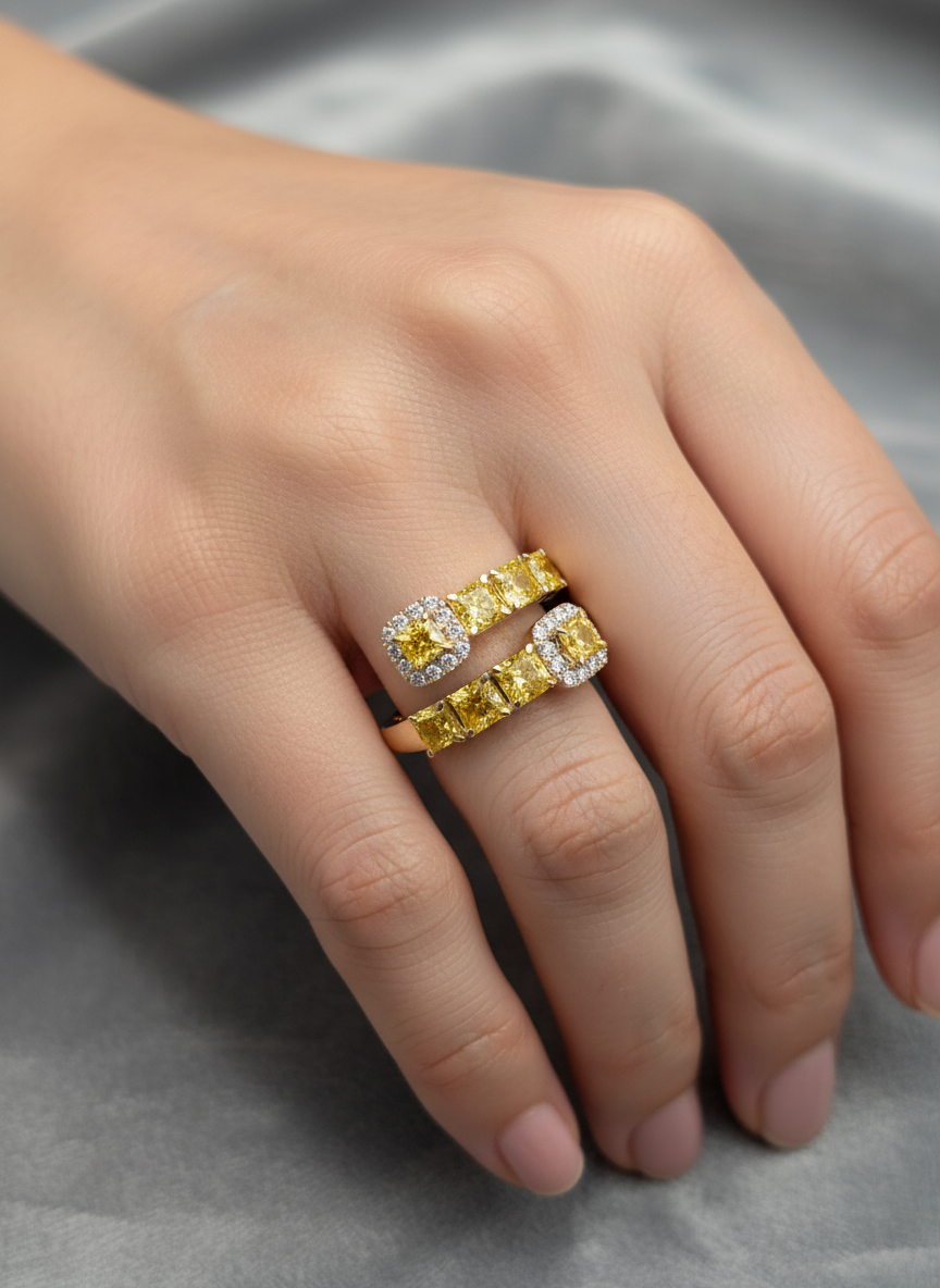 Yellow Cushion Cut Diamond Halo Split Ring