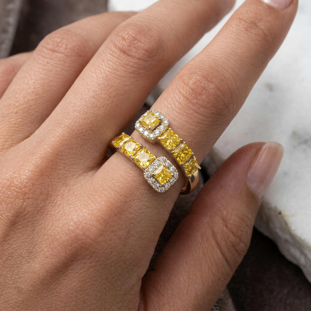 Yellow Cushion Cut Diamond Halo Split Ring