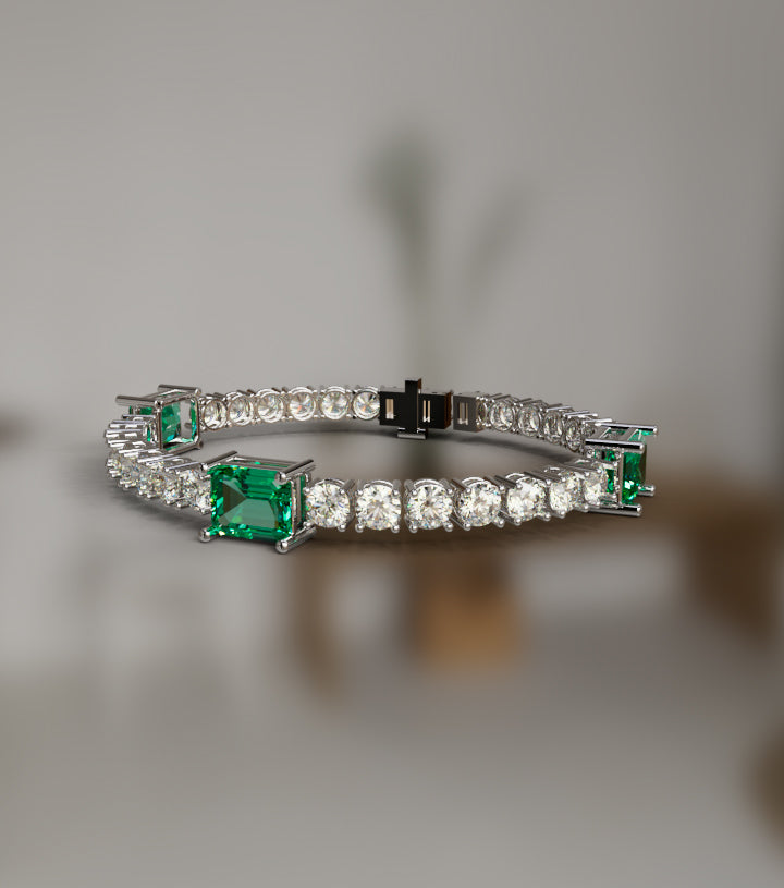 Emerald Cut Green Stone and Diamond Tennis Bracelet image 5