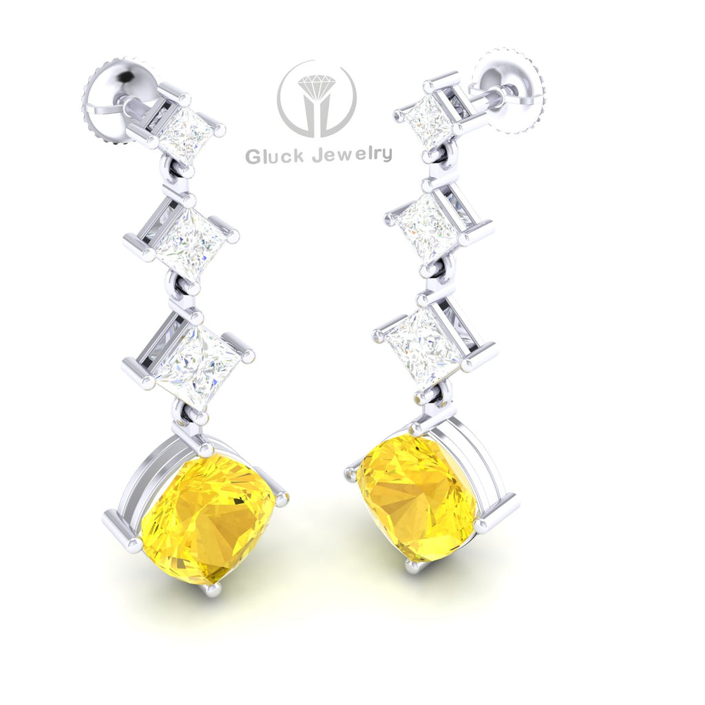 Princess & Cushion Drop Earring with Yellow Sapphire image 5