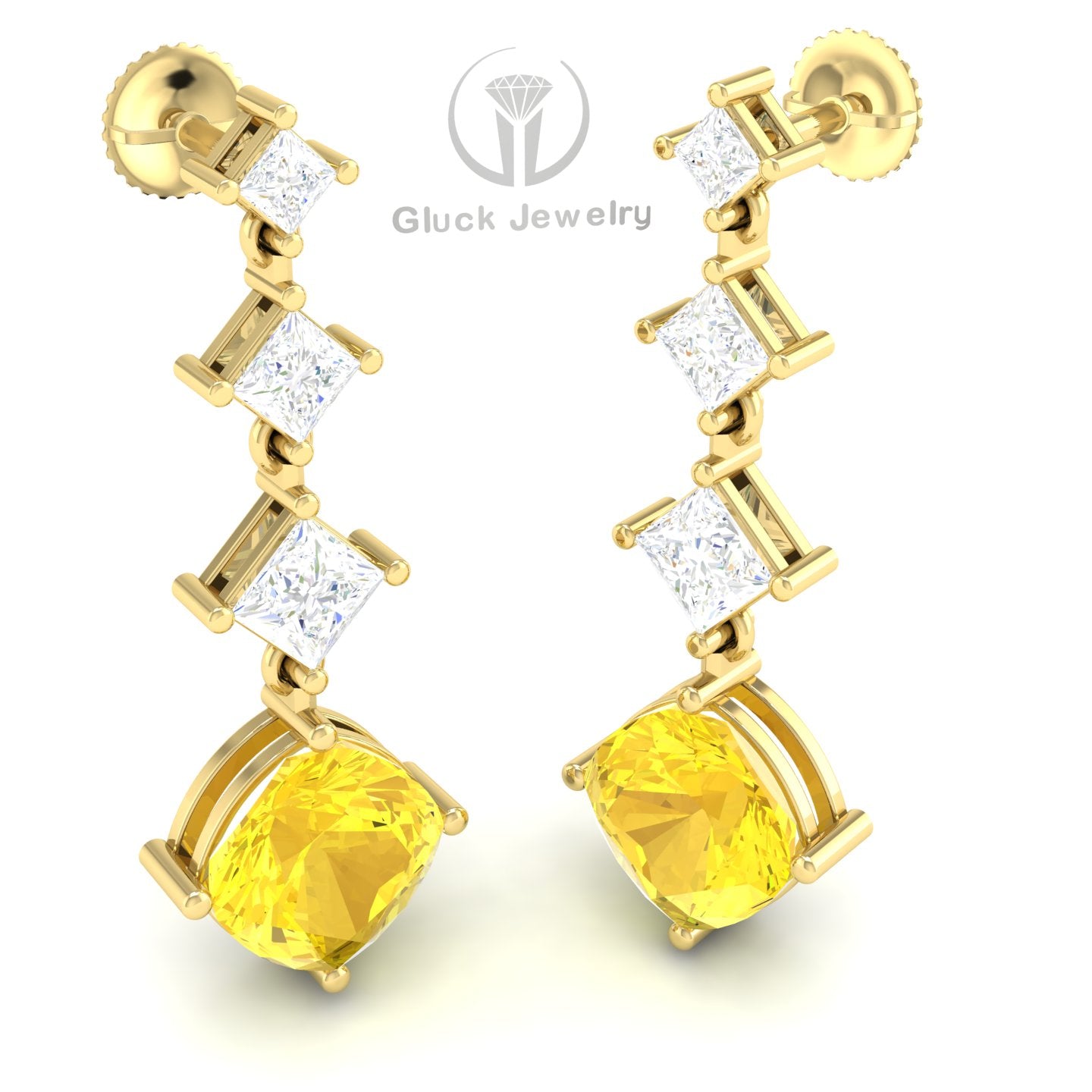 Princess & Cushion Drop Earring with Yellow Sapphire image 3
