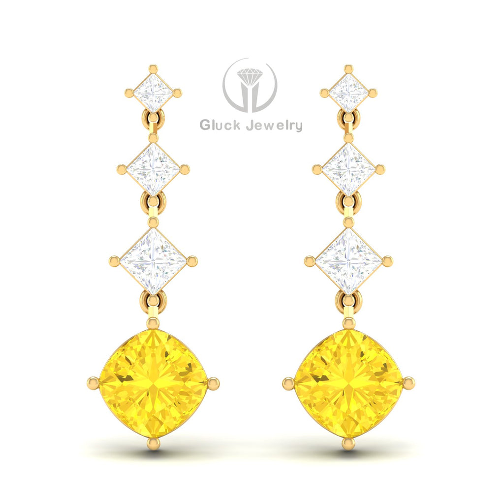 Princess & Cushion Drop Earring with Yellow Sapphire image 1