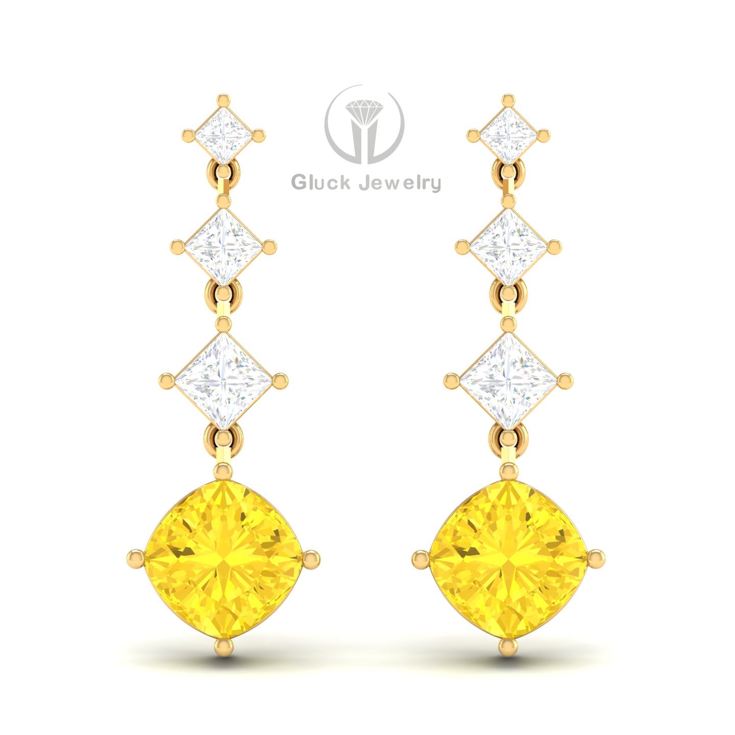 Princess & Cushion Drop Earring with Yellow Sapphire image 1