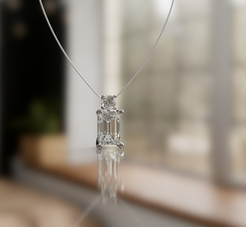 3ct Emerald and Half carat Round Diamond Dangle Pendant image 2